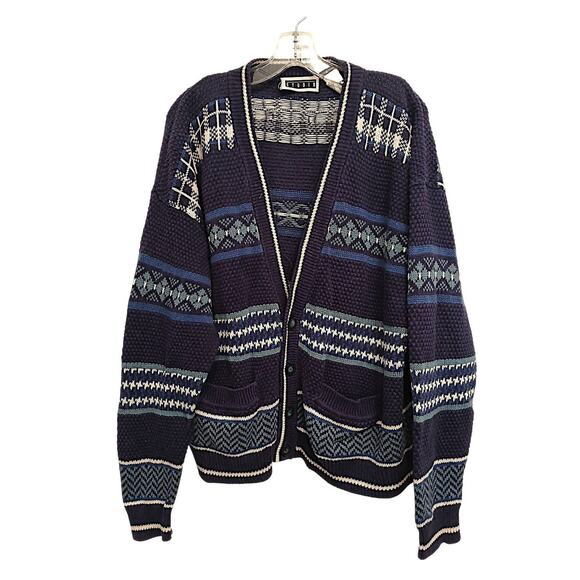 Vintage Fair Isle Sweater L Navy Blue Nordic Alps Ski Scandinavian Pockets Dad - Picture 1 of 16